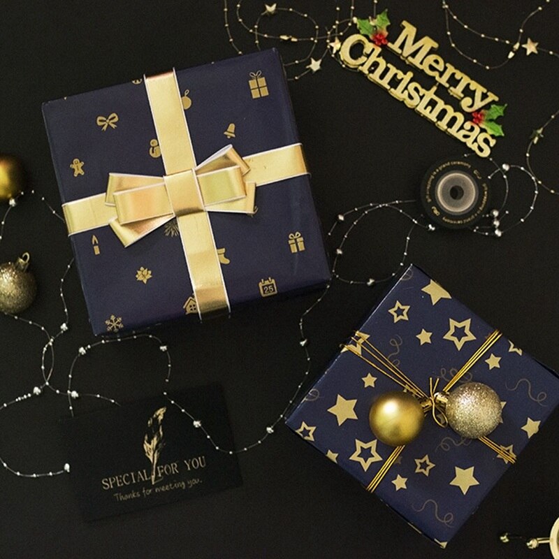 Navy Blue and Gold Christmas Wrapping Small Stars, Christmas Trees, Snowflakes, Christmas Special Wrapping Paper