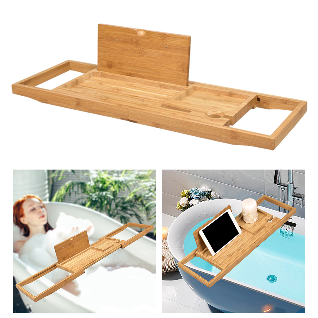 thumbnail image 2 of NewHome Adjustable Bamboo Bathtub Caddy Tray - Rustic Wood Book/Tablet Holder For Bathroom 2 of 5