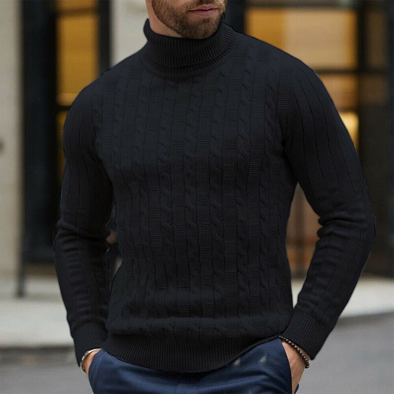 Herre vinter høst varm genser twist strikket high roll turtle neck genser casual herre strikke topper pluss størrelse 2x: Svart / M