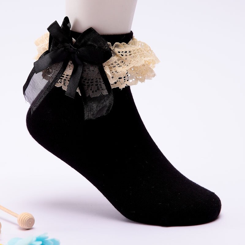 Bomuldsdans sokker forår efterår børn blonder blonder solide kid piger sokker blomster ballet anti slip sport åndbar sok 5-12y: Sort / M