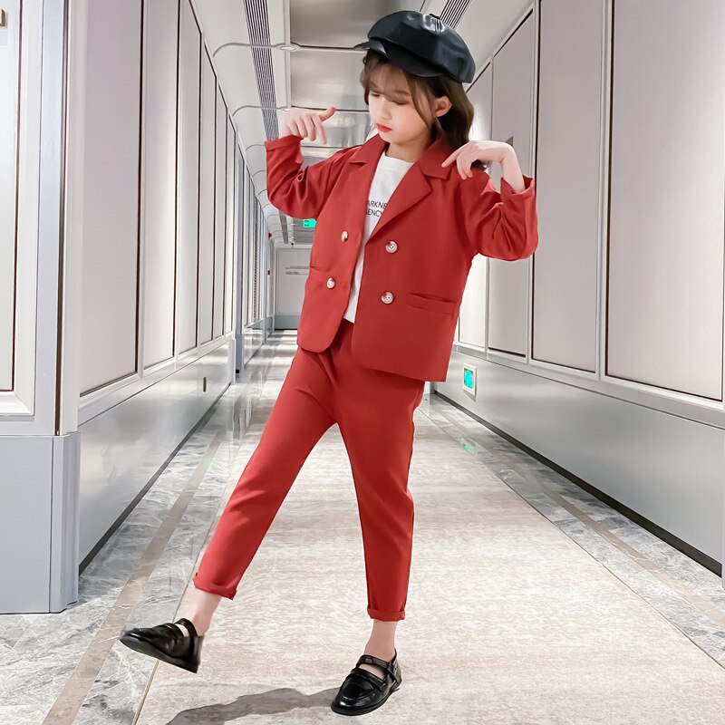 Herfst Koreaanse Meisjes Double Breasted Pak Set Kinderen Blazer Broek 2 Stuks Kleding Set Kids Party Show Kostuum: Rood / 7T