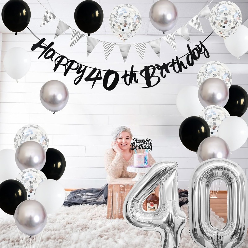 50 decoraciones de de cumpleaños para mujeres y hombres, pancarta de feliz 30, 40 y 60 cumpleaños, globos, suministros para decoración de tartas, color negro, plateado y blanco
