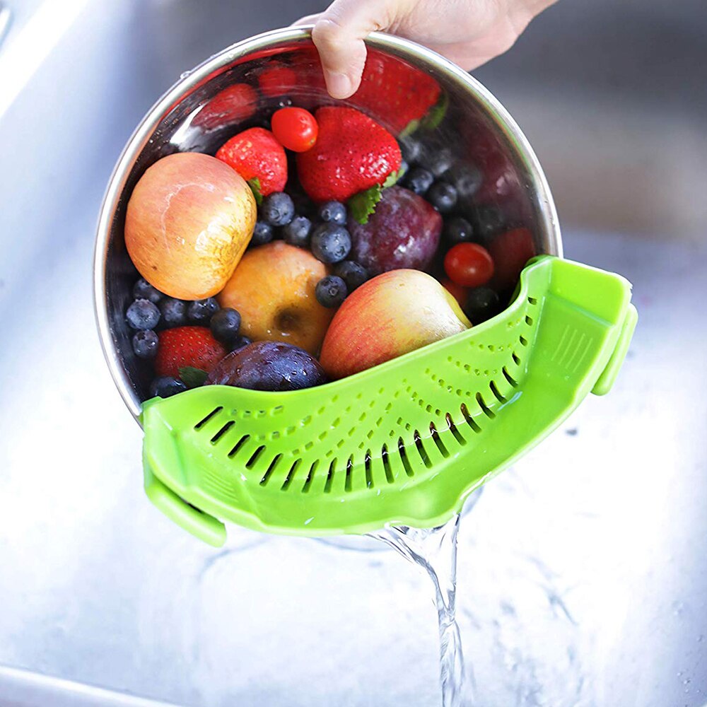 Colador de tensión de drenaje de cocina, colador de silicona con Clip, se adapta a todas las ollas y cuencos, Clip embudo escurridor gadget de cocina