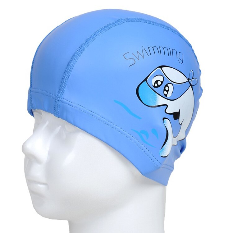 PowerPai Swimming Cap Children Waterproof PU for boys girls Comfortable Dolphine Cat Cartoon Swimming Pool Training Bathing Hood: Blue