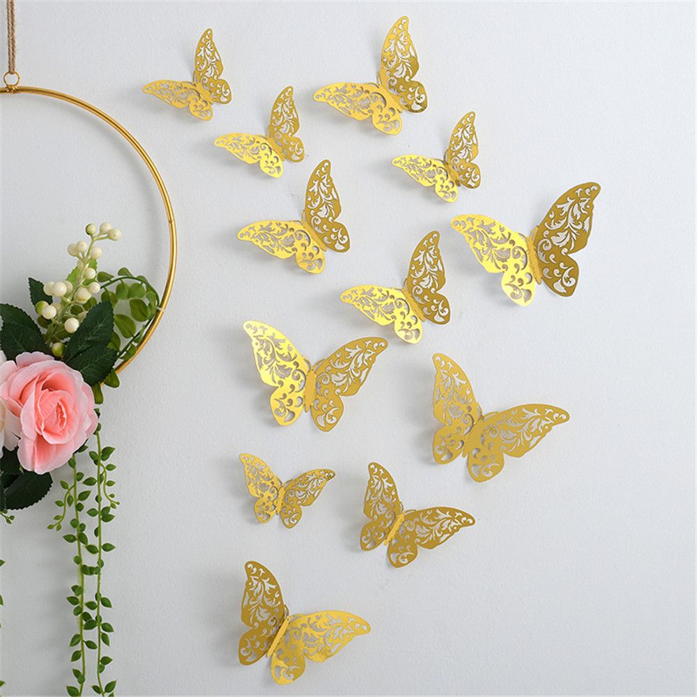 12 Stks/set 3d Holle Vlinder Muurstickers Diy Vlinders Kunst Wanddecoratie Bruiloft Festival Behang Huisdecoratie: Goud