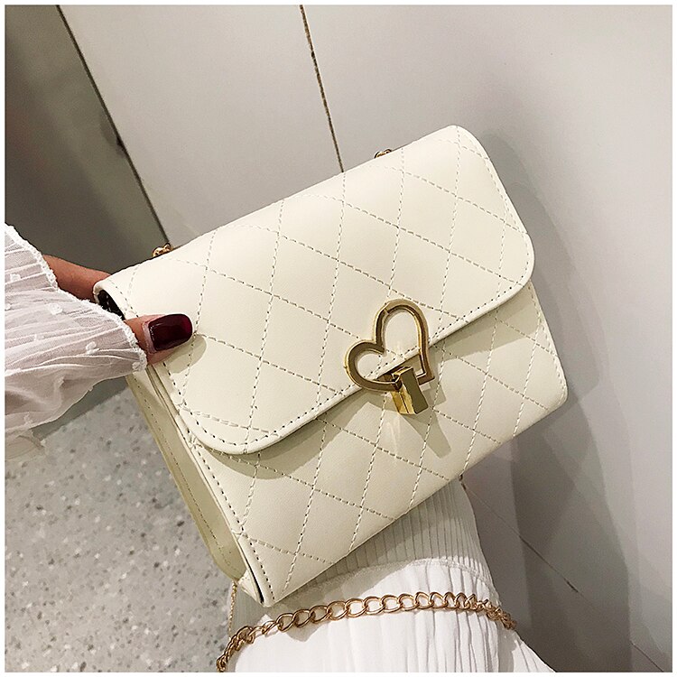 Women Lingge peach heart lock chain square PU Shoulder bag Crossbody Hand Bag Heart Messenger Chain handbag yellow: White