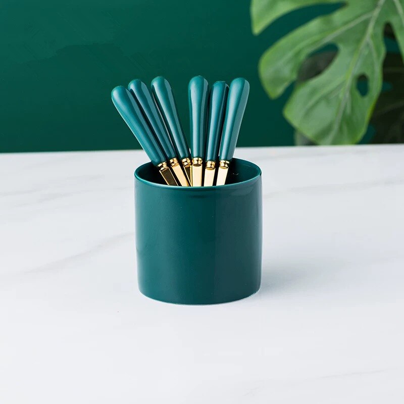 Nordic Ceramic Stainless Steel Fruit Fork Storage Tube Dessert Fork Cake Fork Fruit Fork Storage Pot Living Room Fruit Fork Set: 6 forks pot 1
