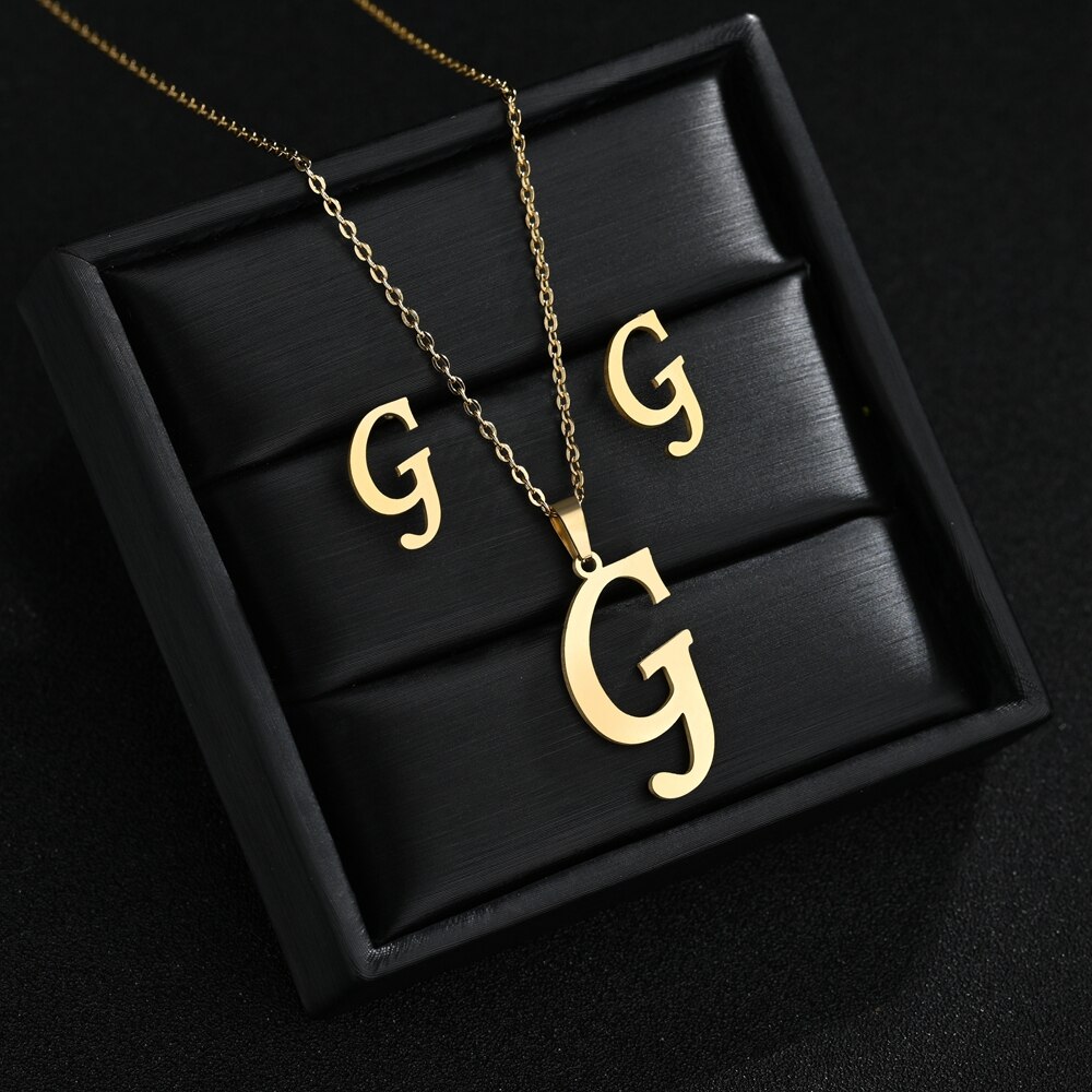 A-Z Edelstahl Ersten Halskette Und Ohrringe Schmuck Sets Alphabet Anhänger Kette Brief Zubehör: G