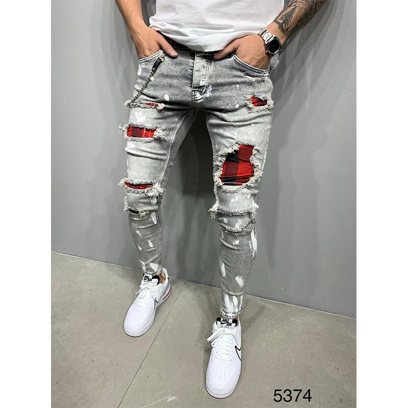 See zerrissene Jeans männer schlank passen Dünne Jeans Hüfte hüpfen Streetwear Patchwork Jeans Elastizität gotisch hosen männer