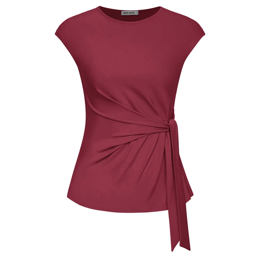 Gk kvinder bluser foran sløjfe knude dekorerede toppe klassiske kasketærmede rund hals pullover sommertoppe bluser femme: L / Beige