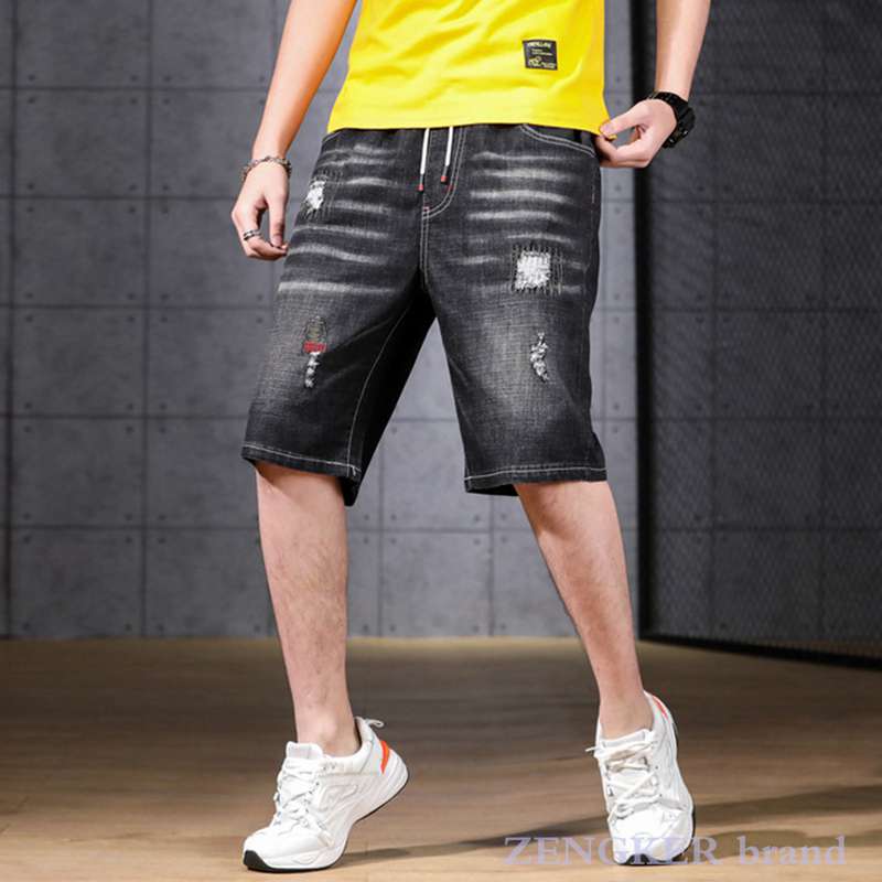 Grote Size Mannen Zomer Elastische Taille Gat Denim Shorts Elastische Plus Size Shorts Mannen 6xl 7xl 9xl 10xl: Black / M