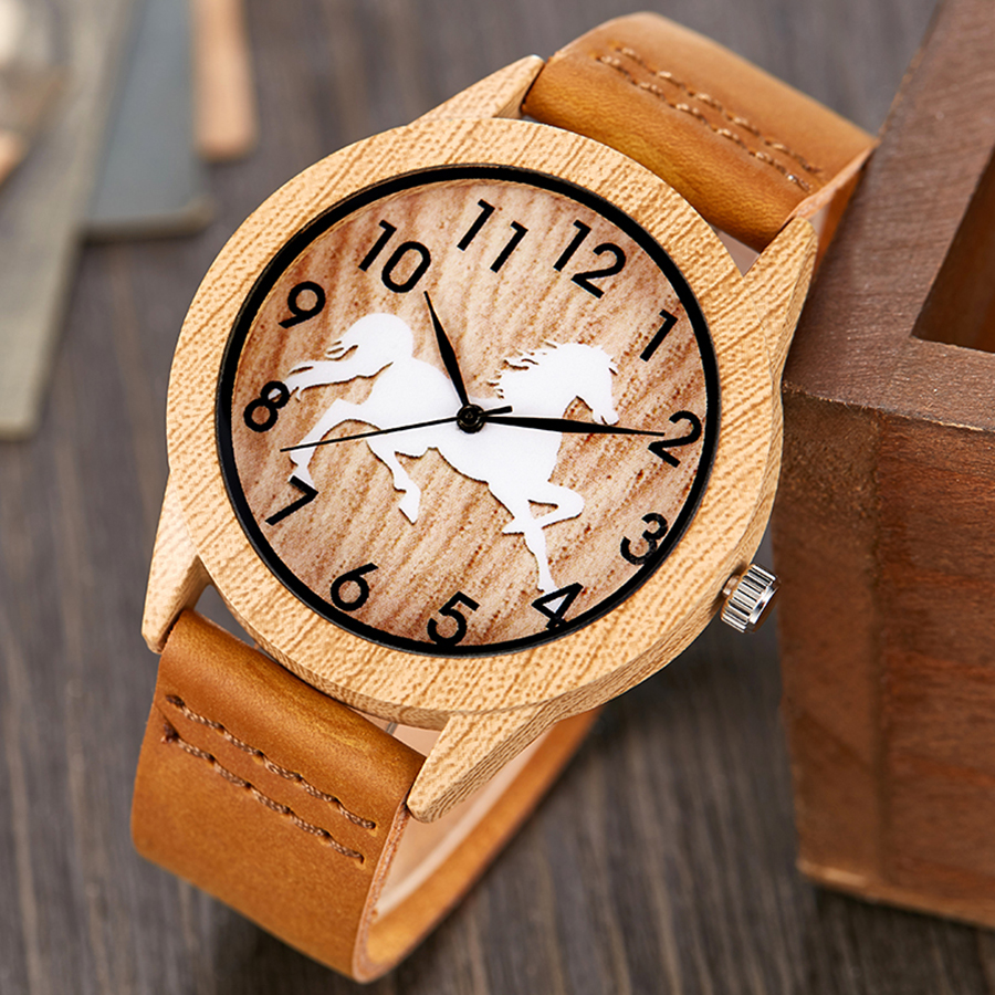 Imitatie houten horloge mannen vrouwen imitatie houten polshorloge zachte leren band mannen kwarts paar pols klok schedel bidsprinkhaan paard uur: Paardenmannen
