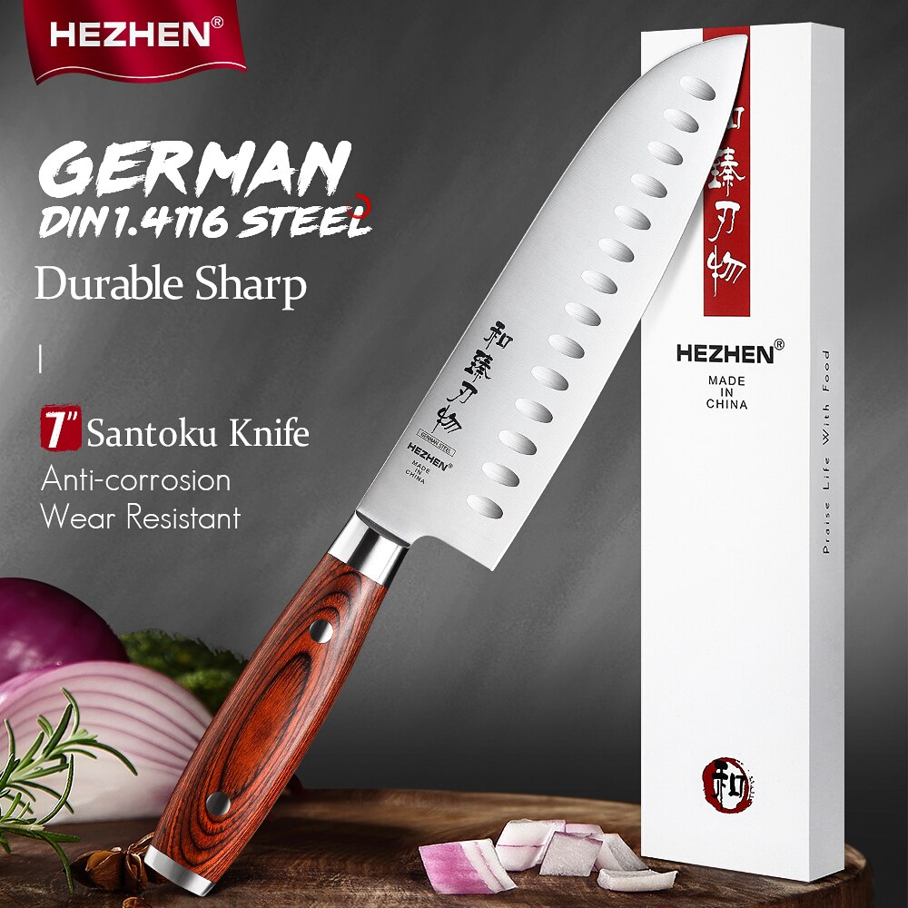 HEZHEN 1-5PC Kitchen Knife Sets Stainless Steel Sharp Cook Beautiful box Pakka Wood Handle Kitchen Tool: santoku knife