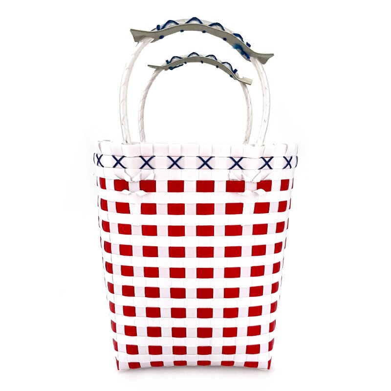 Cesta de Picnic tejida a mano de estilo japonés, bolsa de cesta de verduras tejida de plástico, bolsa de playa de mano, cesta Multicolor a cuadros, novedad: White Red