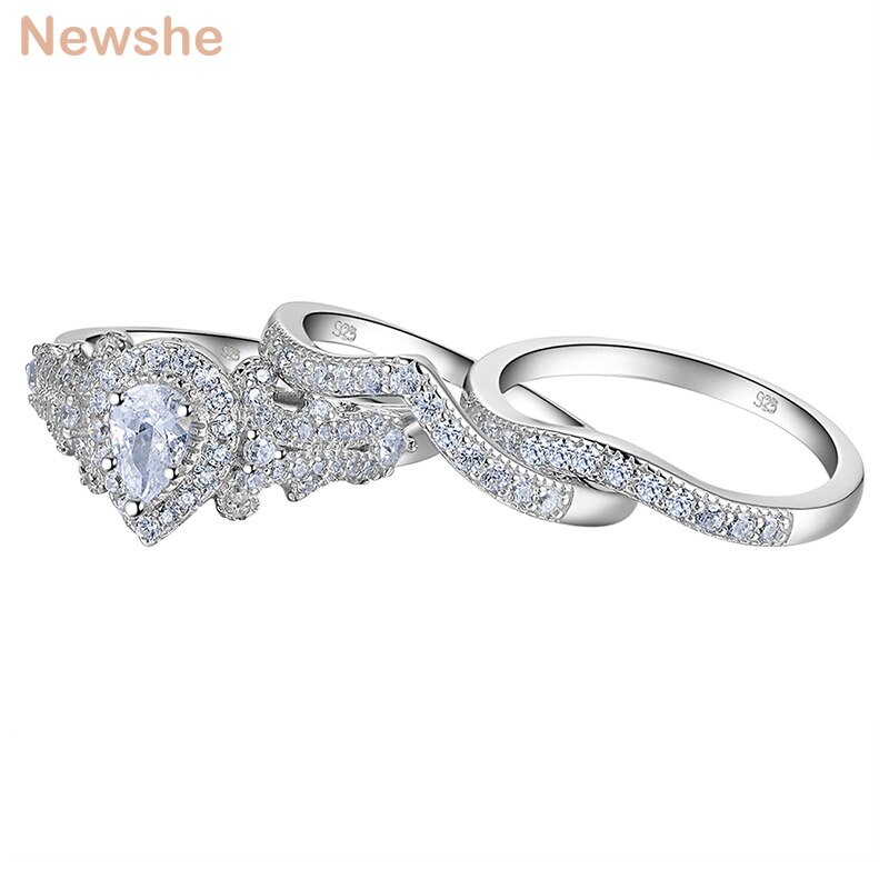 Newshe-anillos de boda de Plata de Ley 925 para mujer, conjunto de anillos de compromiso con forma de pera de 1,4 Ct AAAAA CZ, joyería clásica NR5015, 3 uds.