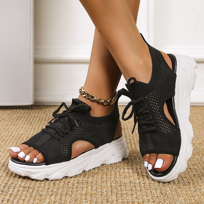 2022 Zomer Vrouwen Sandalen Mesh Casual Schoenen Wit Dikke Zolen Lace-Up Sandalias Open Teen Strand Schoenen Voor vrouwen Zapatos Mujer