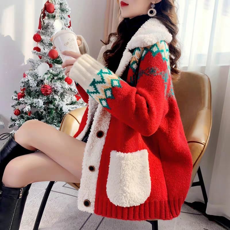 Mulher blusas de natal vermelho camisola cardigan engrossado outono inverno 2020 solto casaco de malha femme chandails pull hiver