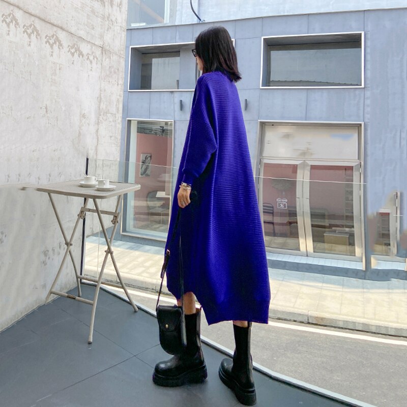 [EAM] Vestido largo de punto Irregular de talla grande para mujer, cuello alto, manga larga, suelto, tendencia de , primavera otoño 1DB512