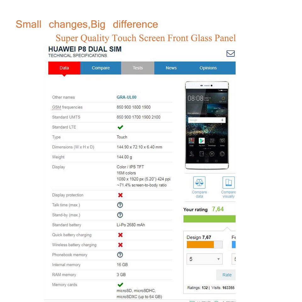 5,2 "para Huawei P8 GRA-UL00 GRA-L09 pantalla táctil Sensor de Panel táctil digitalizador cristal frontal exterior de lentes de LCD P8 de reemplazo