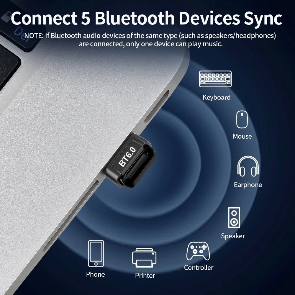 Adattatore bluetooth usb adattatore dongle bluetooth 6.0 per pc windows 11/10/8.1 ricevitore e trasmettitore bluetooth per tastiera e mouse