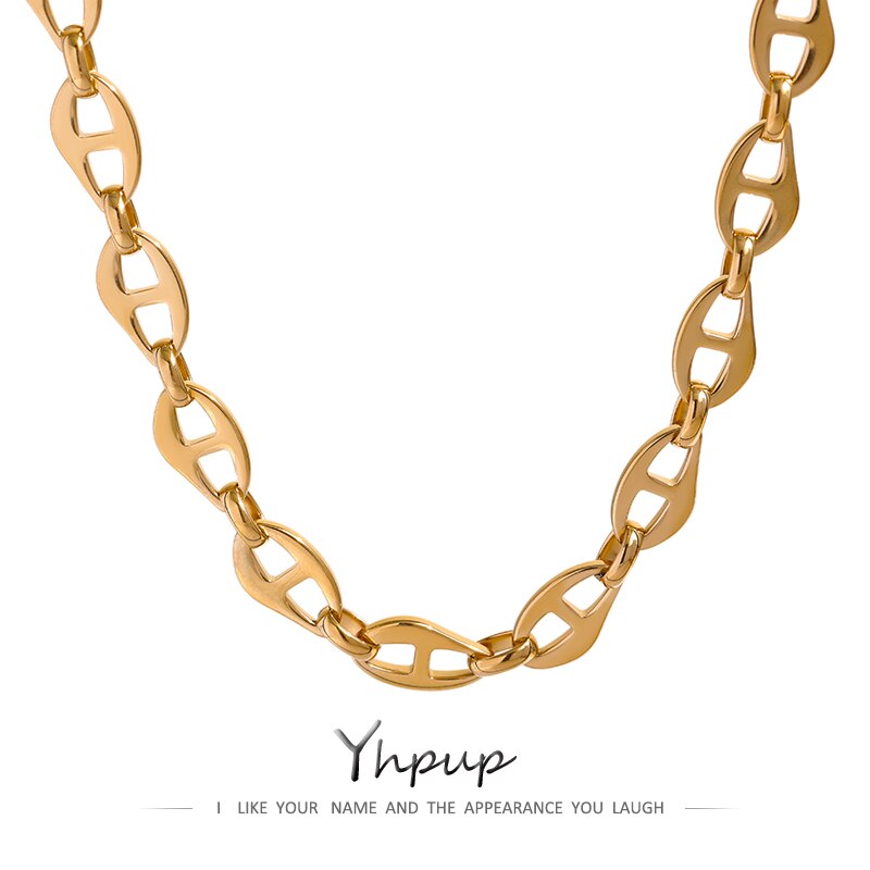 Yhpup 316l colar de corrente de aço inoxidável para as mulheres statement metal textura colar de colar grosso à prova dwaterproof água jóias presente