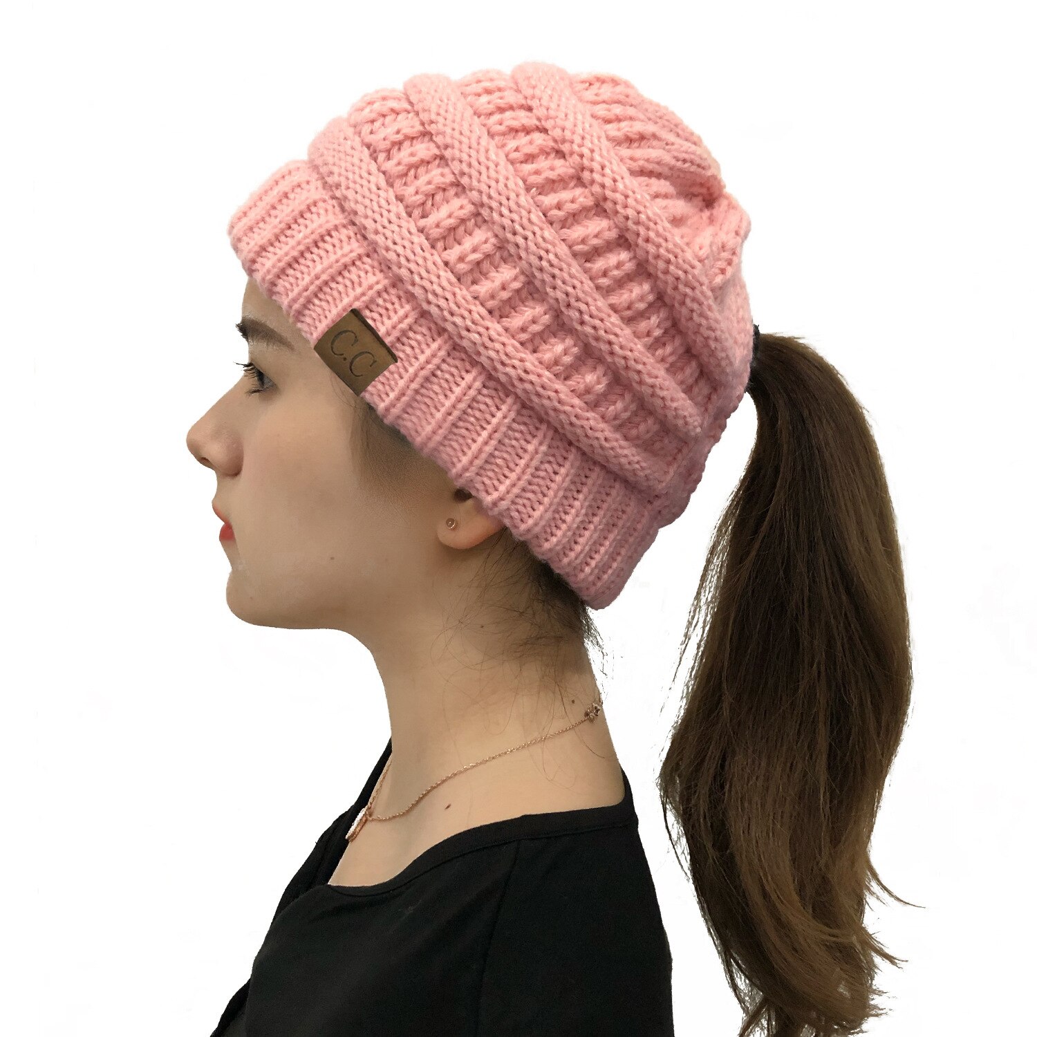 Winter Hats For Women Pompom CC Beanie Horsetail Caps Cross Criss Ponytail Hat Girls Warm Knitted Thick Outdoor Ski Cap: Pink