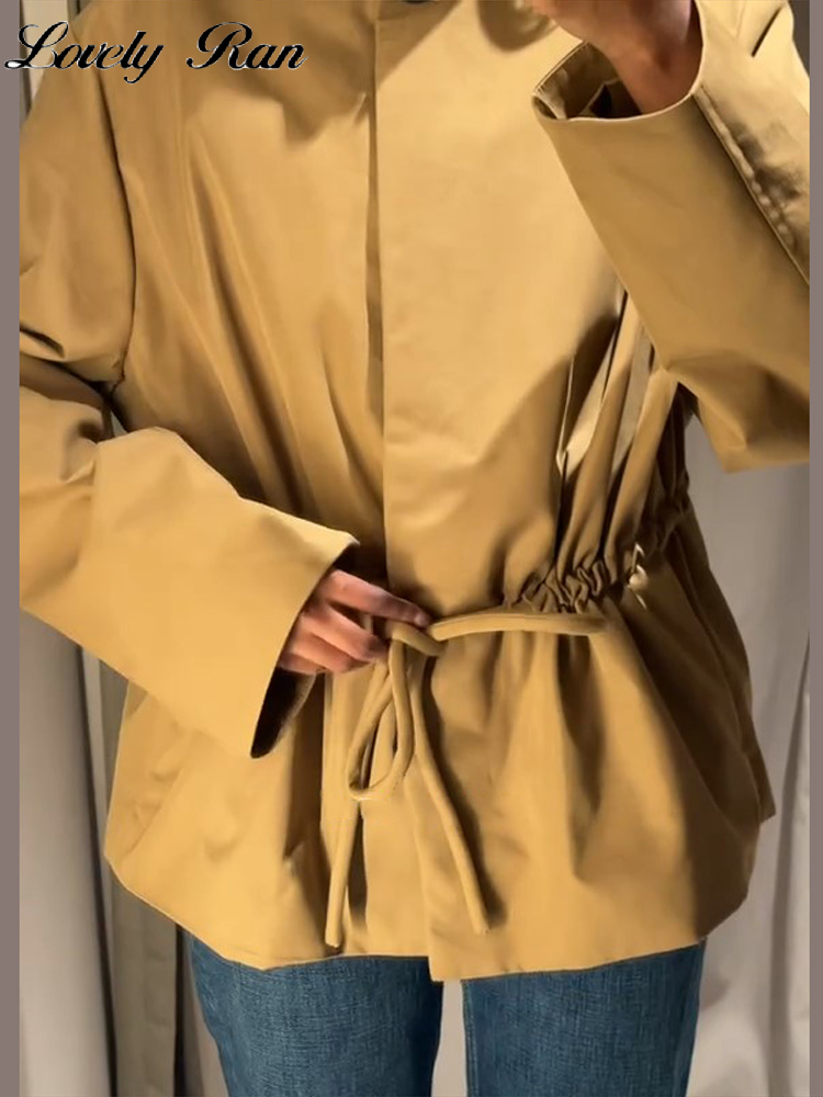 Casual Solid Vrouwen Jas Elegante Lange Mouw Revers Lace Up Geplooide Knop Vrouwelijke Uitloper 2025, Herfst Dame Streetwear