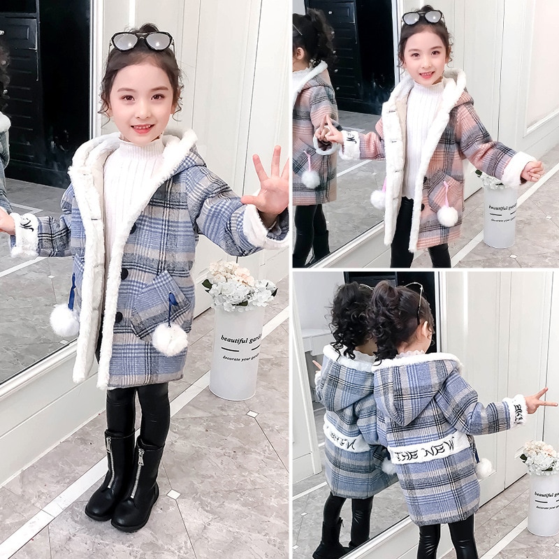 Meisjes hoodies met capuchon, wollen mix, gestreepte dikke ruit, bovenkleding, herfst- en winterkleding voor kinderen, wollen jassen  zl275