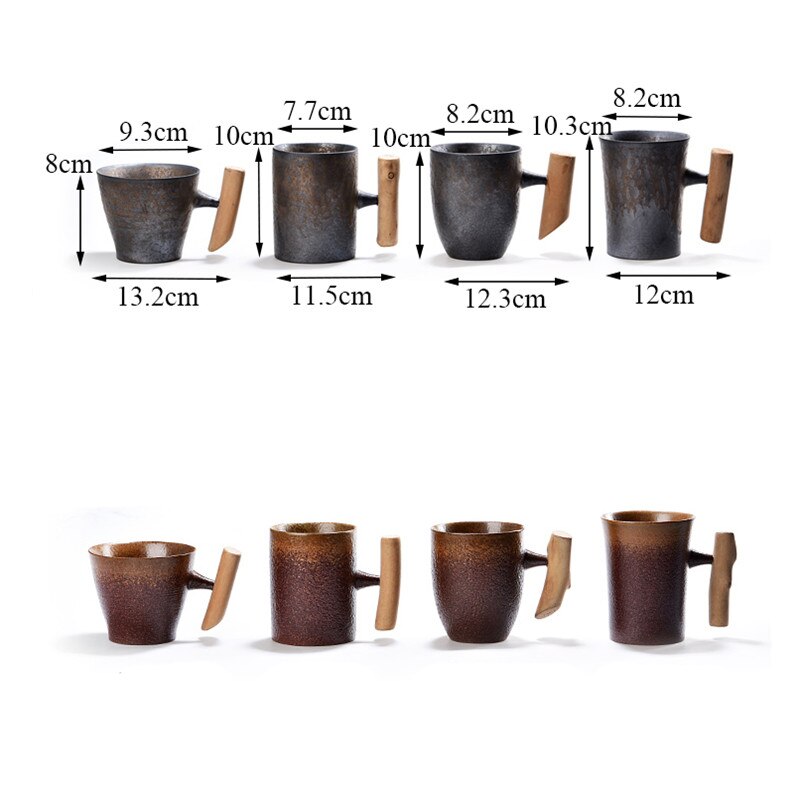 Japanischen stil Jahrgang Keramik Kaffee Becher Tee Tasse Becher Rost Glasur Büro Tee Milch Bahre Becher mit löffel Holz Griff wasser Tasse