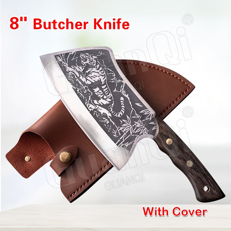Full Tang Wood Handle Chef Knife Handmade Filleting Slicing Butcher knife Forged Multifunctional Meat Cleaver Vegetable Cutter: A with Cover