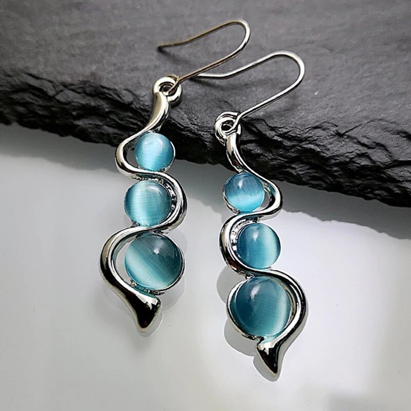 Retro Blue Opal Earrings Female Long Jewelry Bohemian Curve Beaded Earrings Resin Stone Earrings Jewelry