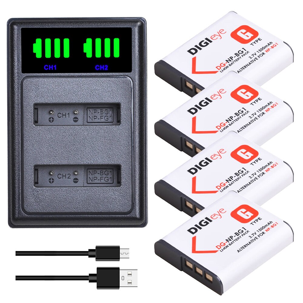 NP-BG1 NP-FG1 NPBG1 NP BG1 Battery + LED Dual USB Charger for Sony Cyber-Shot DSC-H7,DSC-H9,DSC-H10,DSC-H20,DSC-H50,DSC-H55: 4 battery set