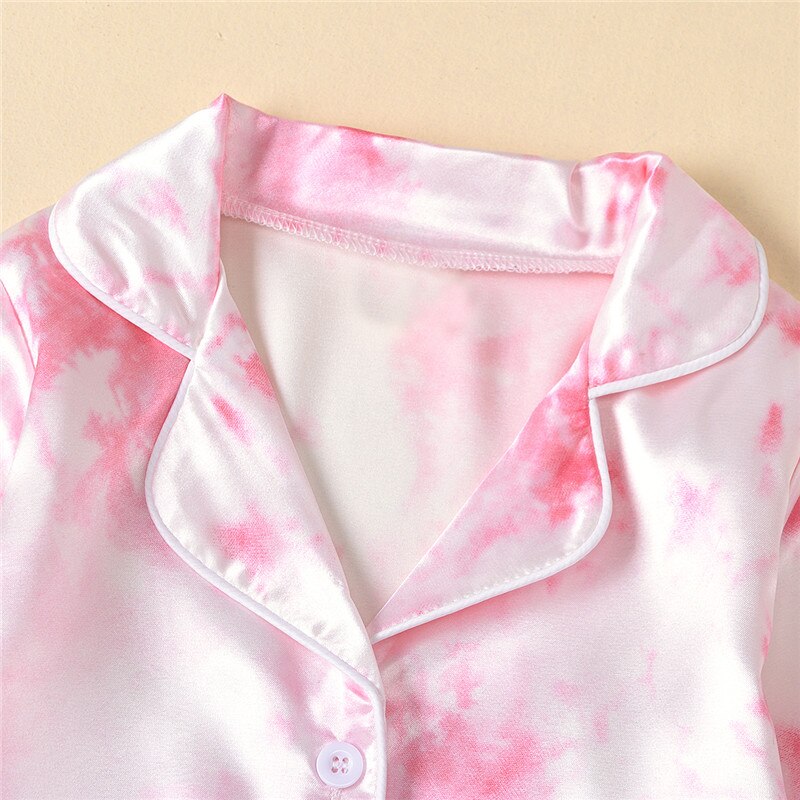 Børn dreng pige satin pyjamas sæt tie dye print revers lange ærmer knapper skjorte top+bukser 2 stk baby nattøj jakkesæt