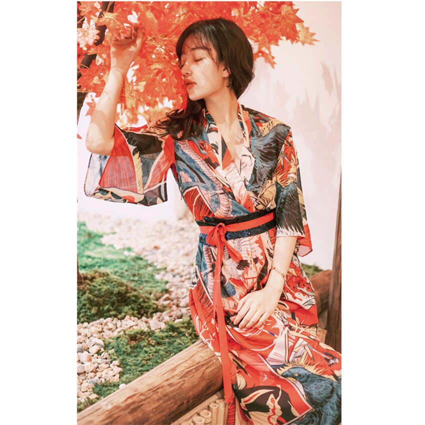 Sommar japansk stil klänning kimono kvinnor flicka fancy print semester chiffong älva lång retro geisha vestido kofta