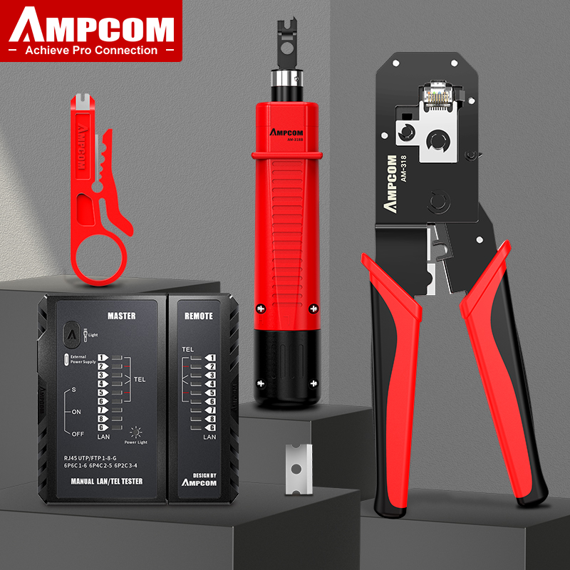 AMPCOM RJ45 Crimper Lan Tester Tool Set Ethernet Cable Stripper Punch Down Tool rj 45 rj11 Connectors 12 in 1 Cabling Repair Set: Brown