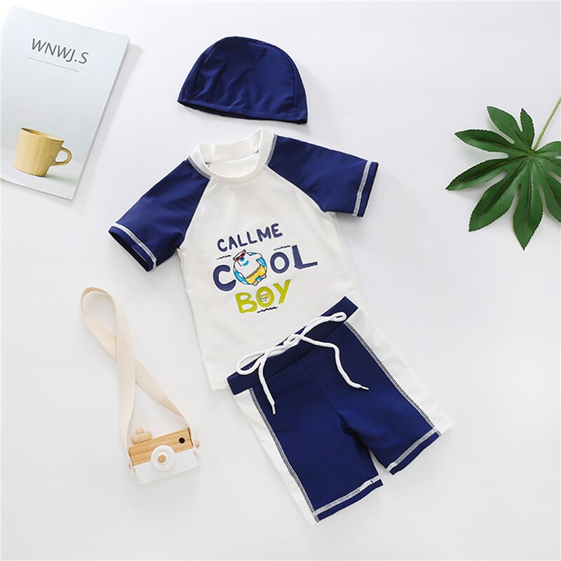 3Pcs Summer Kid Baby Boy Swimwear Short Sleeve Cartoon Letter Print Top Blue Short Pants Cap Swimsuit Swim Beach Bathing Suit