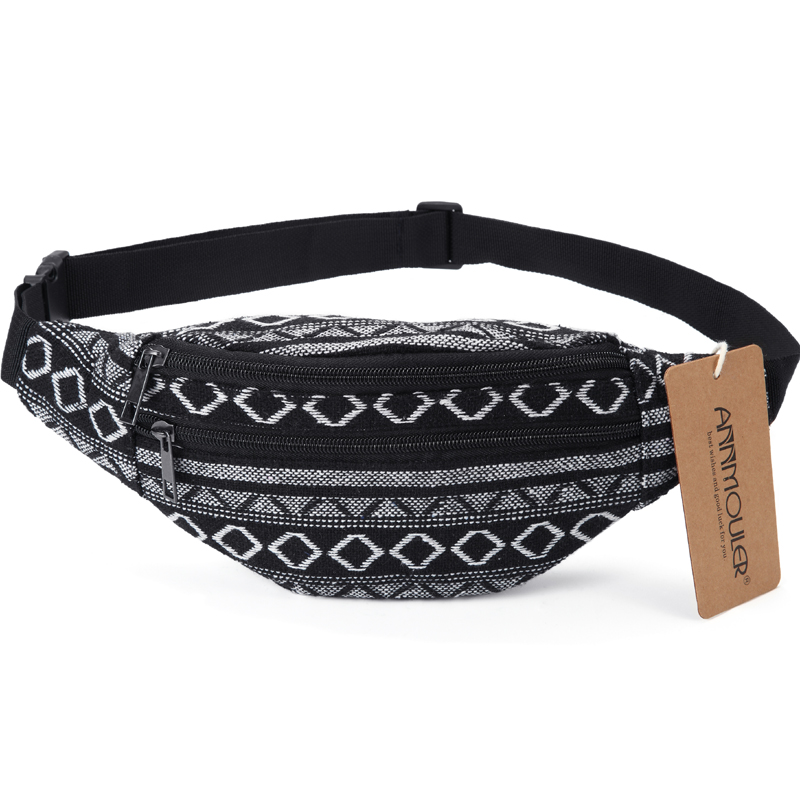 Annmouler Women Waist Bag Small Size Fanny Bag Pack Adjustable Phone Pouch Double Zipper Belt Bag Tribal Waist Pack Bag: grey