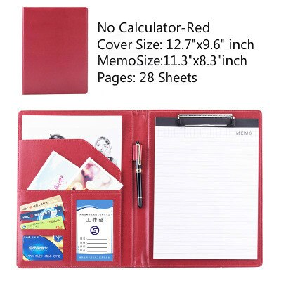 Étui de rangement A4 en cuir PU Business Padfolio, classeur Vintage Business Manager, dossier de bureau avec calculatrice: Red A