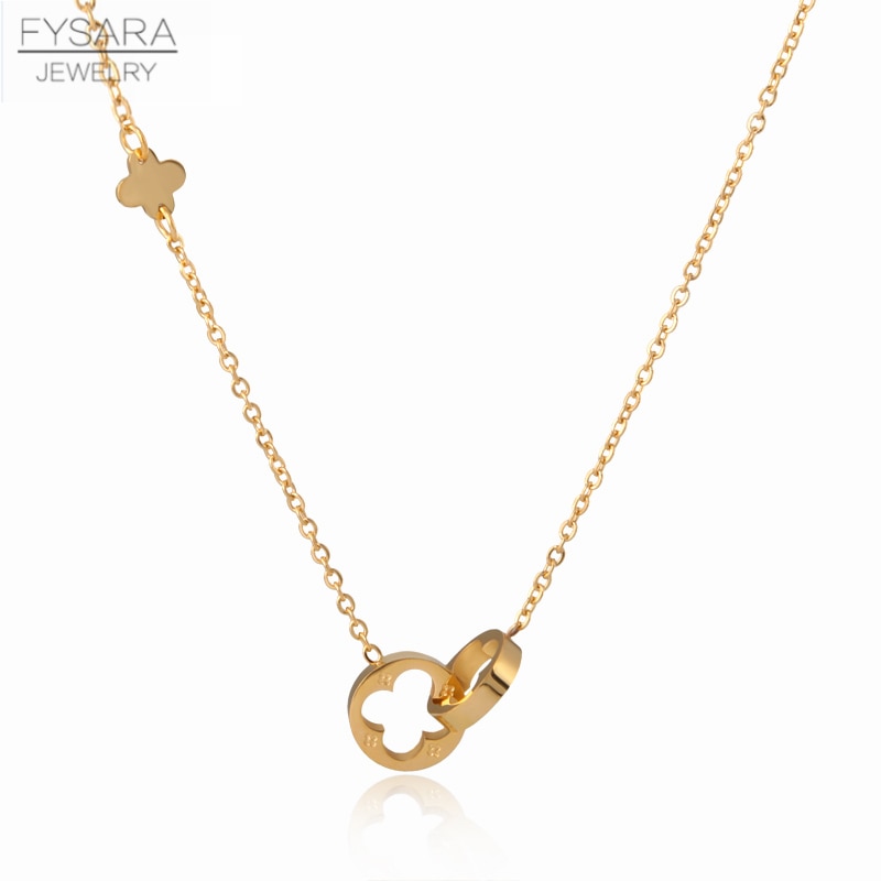 FYSARA Classic Brand Love Two Circle Double Buckle Necklace Roman Numeral Flower Clover Necklace Stainless Steel Gold Clavicle