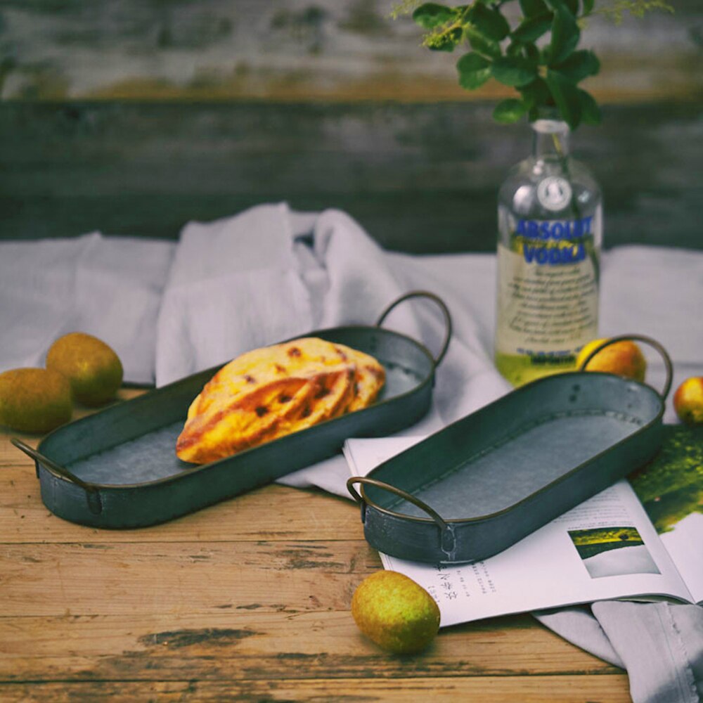 Retro Metal Storage Tray Old Wrought Iron Bread Basket Dessert Cake Fruit Container Plate Handle Kitchen Restaurant Table Decor