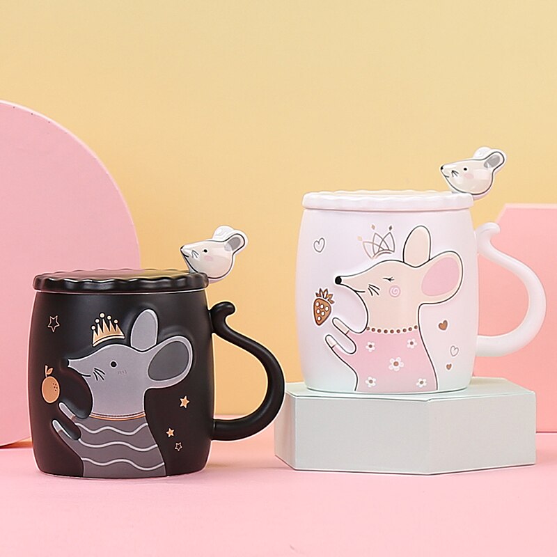 Taza de café con tapa de ratón de dibujos animados, cerámica, jarras de animales, tazas de café, té de la leche, 400ml