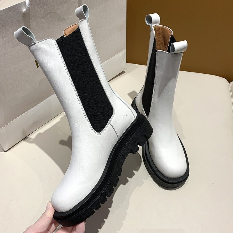 Kvinnor botas fyrkantig tå plattform tjock klack mid-calf boots kvinna slip-on chelsea booties höst vinter vit