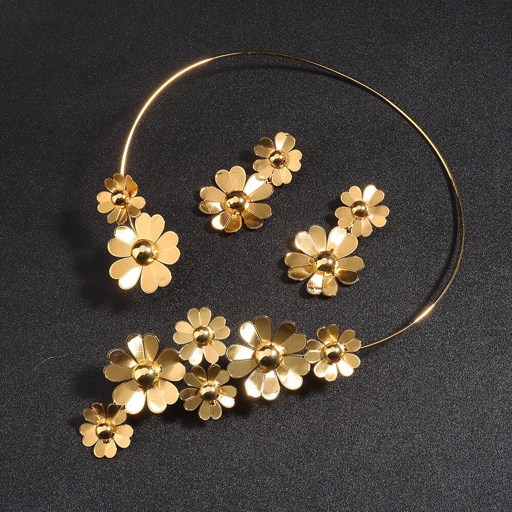 Ensemble de bijoux de mariée de dubaï, fleur de luxe, couleur or, collier rond, boucles d&#39;oreilles, bijoux de mariage, bague, bague, Nigeria