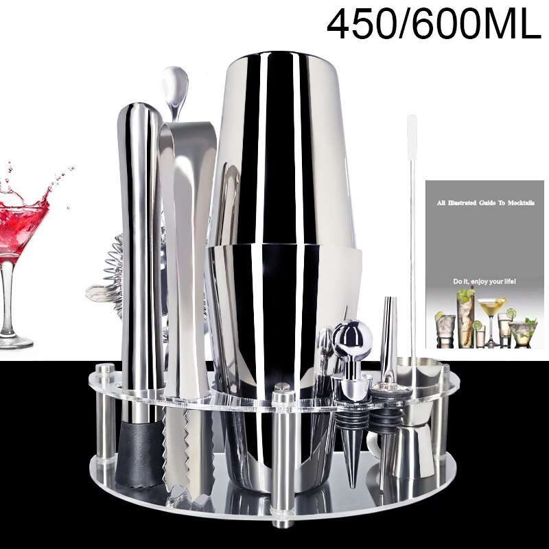 450/600/750ml Stainless Steel Cocktail Shaker Set 1-12 Pieces Barware Kit Martini Shaker with Stand + Drink Recipe: 11Pc 450600ml T-Rack
