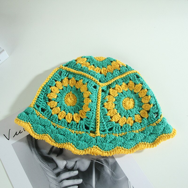 Summer Hollow Crochet Flower Fisherman Hat Shade Breathable Knitted Bucket Hat Ladies Panama Knitted Fisherman Hat: 01