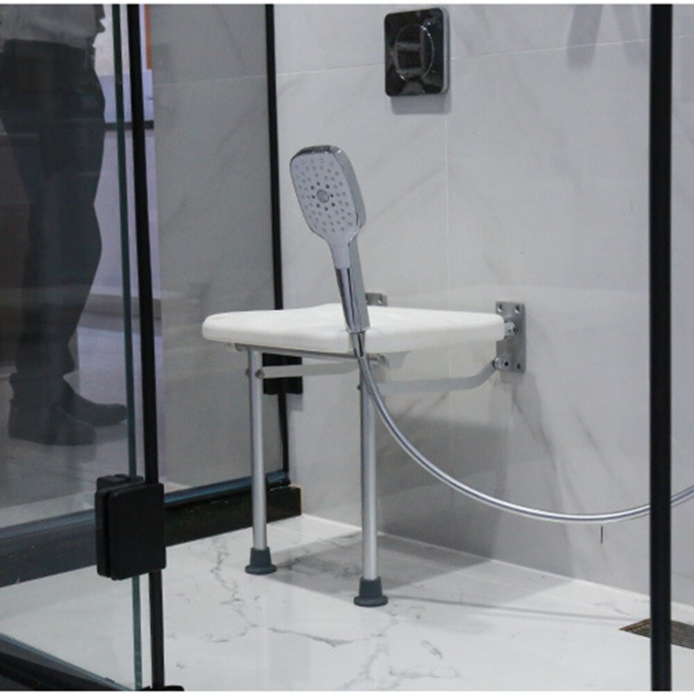 Folding Shower Bench Flip-up Screw-in Bath Seat Wall Mounted Bathroom Chair Stool with Non-Slip Feet Drainage Holes Head Slot