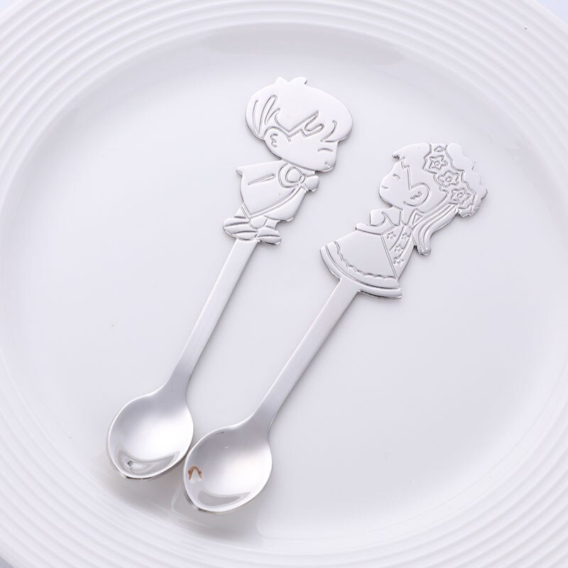 Cucharas de café románticas para pareja, cucharillas de té de colores, cubertería pequeña plateada, cuchara de postre de pastel dorado para I &amp; U, 2 uds.: Silver 1 set