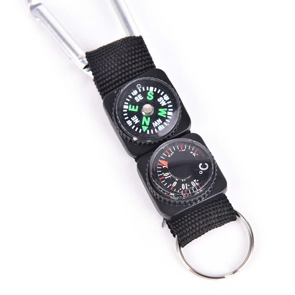 3 in- in-1 multifunctionele kampeer-, klim- en wandelminikarabijnhaak met sleutelhanger, kompas, thermometer, hanger, sleutelhanger, zwart