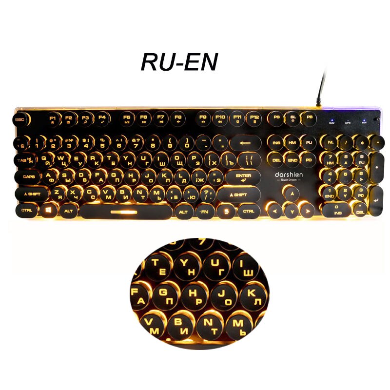 Steampunk Retro Gaming Keyboard Russian/English Layout Round Keycap Backlit USB Wired Glowing Metal Panel Crystal Border: Russian Orange