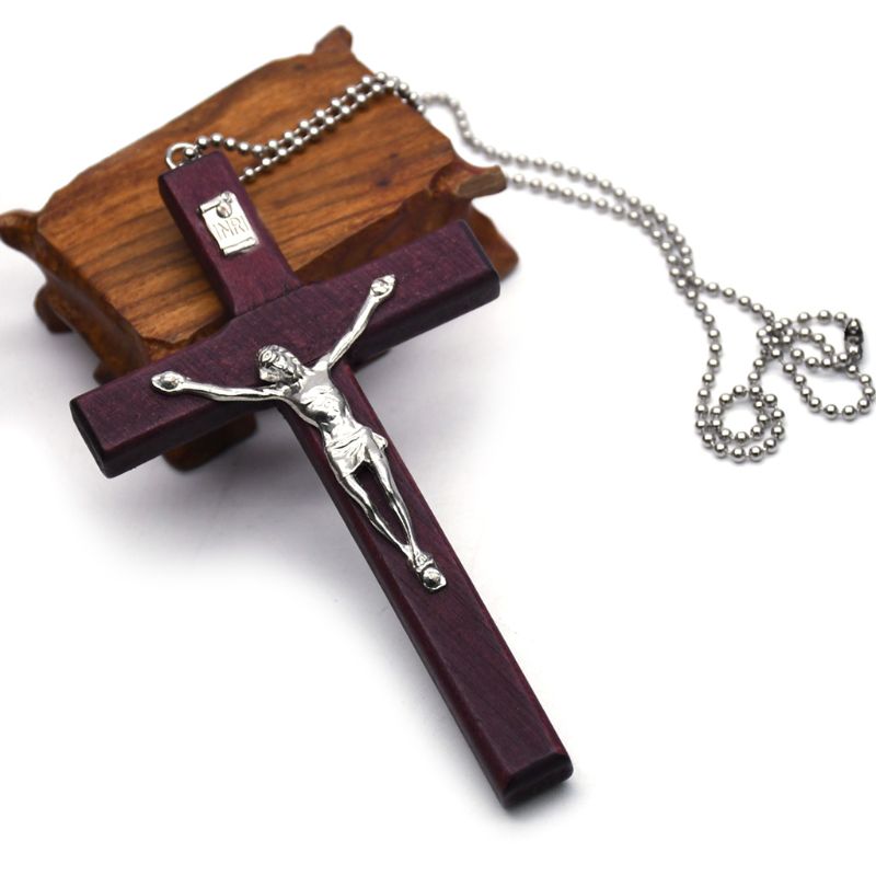 Collar Cruz religiosa de Jesús de madera de primera , colgante crucifijo cristiano con cadena de joyería, para hombres